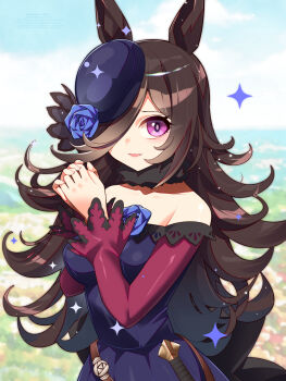 1girl :d animal_ears bare_shoulders blue_flower blue_rose blue_sky breasts brown_hair commentary_request dress flower hair_over_one_eye highres horse_ears horse_girl long_hair long_sleeves looking_at_viewer off-shoulder_dress off_shoulder open_mouth outdoors purple_eyes rice_shower_(rosy_dreams)_(umamusume) rice_shower_(umamusume) rose sky smile solo umamusume umigarasu_(kitsune1963) upper_body