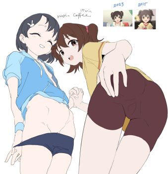 2girls akagi_miria ass bbk_(bbkbebek7) bike_shorts black_hair breasts brown_eyes brown_hair highres idolmaster idolmaster_cinderella_girls idolmaster_cinderella_girls_u149 loli multiple_girls partially_visible_vulva pussy pussy_peek sasaki_chie short_hair simple_background sketch small_breasts spread_pussy spread_pussy_under_clothes twintails undressing white_background