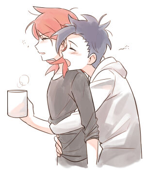 2boys black_shirt chueog closed_eyes cup ethan_(pokemon) from_side hand_on_another's_waist highres holding holding_cup hood hoodie hug hug_from_behind long_sleeves multiple_boys nintendo open_mouth pokemon pokemon_gsc red_hair shirt silver_(pokemon) simple_background upper_body white_background white_hoodie yaoi