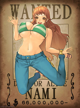 1girl 2025 bangle bikini bikini_top_only blue_pants bracelet breasts brown_eyes brown_hair character_name covered_erect_nipples earrings english_text green_bikini highres jewelry large_breasts log_pose long_hair looking_at_viewer nami_(one_piece) nami_(one_piece)_(return_to_sabaody) navel official_alternate_costume one_piece open_mouth pants pearl_earrings sandals seed01010 smile solo stomach striped_bikini striped_clothes swimsuit teeth underboob upper_teeth_only wanted_poster