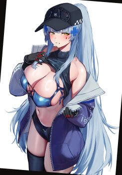 1girl 3_small_spiders absurdres baseball_cap bikini black_thighhighs blue_eyes breasts cleavage commentary_request girls'_frontline girls'_frontline_2:_exilium gloves hat highres hk416_(girls'_frontline) jacket klukai_(girls'_frontline_2) large_breasts long_hair long_sleeves looking_at_viewer ponytail simple_background smile solo standing swimsuit thighhighs white_background yellow_eyes