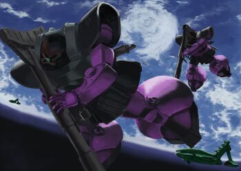 earth_(planet) gun gundam highres mecha mobile_suit_gundam musai no_humans one-eyed planet rick_dom robot rocket_launcher space spacecraft turret tyokugekidato weapon zeon