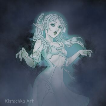 1girl absurdres breasts dress elf frieren ghost_costume ghost_pose halloween halloween_costume highres kistochka long_hair open_mouth petite pointy_ears skinny small_breasts solo sousou_no_frieren twintails