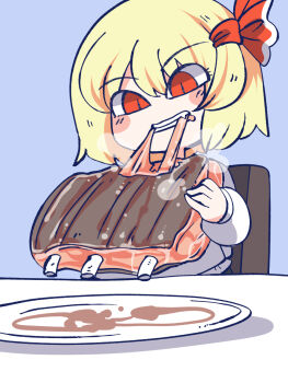 Rule 34 | 1girl, blonde hair, blush stickers, chahan (fried rice0614), commentary request, eating, fang, food, hair ornament, highres, long sleeves, meat, plate, red eyes, ribs (food), rumia, short hair, slit pupils, solo, steam, table, touhou