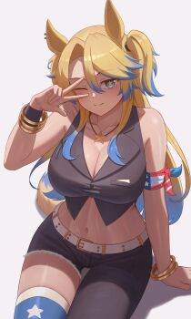 Rule 34 | 1girl, absurdres, american flag, american flag print, animal ears, asymmetrical pants, bandana around arm, bare shoulders, belt, black pants, black shirt, blonde hair, blue eyes, blue hair, blush, bracelet, breasts, cleavage, closed mouth, collarbone, commentary, commission, english commentary, flag print, highres, horse ears, horse girl, horse tail, jewelry, large breasts, long hair, looking at viewer, midriff, multicolored hair, navel, necklace, neipheus, obey your master (umamusume), one eye closed, pants, shirt, simple background, single thighhigh, smile, solo, star-shaped pupils, star (symbol), star necklace, symbol-shaped pupils, tail, thighhighs, two-tone hair, umamusume, umamusume: cinderella gray, vgen commission, w, white belt