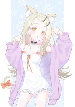 1girl :o animal_ear_fluff animal_ears bell blonde_hair blue_background blush bow breasts cardigan cat_ears cat_girl cat_tail chemise collarbone colored_eyelashes commentary cowboy_shot earrings flipped_hair gakuen_idolmaster hair_ornament hairclip hands_up highres idolmaster jewelry jingle_bell long_hair long_sleeves looking_at_viewer neck_bell off_shoulder open_cardigan open_clothes open_mouth orange_bow orange_eyes orange_ribbon parallel_hairclips parted_bangs paw_pose purple_cardigan ribbon shinosawa_hiro small_breasts solo stud_earrings symbol-only_commentary tail tail_bow tail_ornament thighhighs two-tone_background white_background white_chemise white_thighhighs wide_sleeves yorshka517