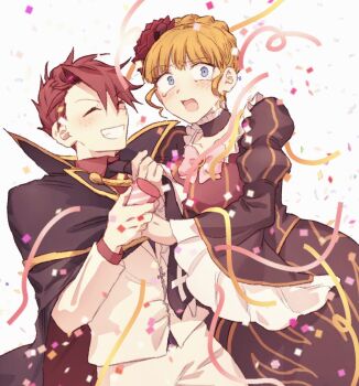 1boy 1girl ^_^ beatrice_(umineko) black_dress blonde_hair blue_eyes blush closed_eyes confetti dress flower formal_clothes grin hair_flower hair_ornament hashtag-only_commentary hswoimuxk0pwr0h_(bbdan) open_mouth pants red_flower red_hair red_rose rose short_hair sidelocks simple_background smile suit tearing_up umineko_no_naku_koro_ni ushiromiya_battler white_background white_pants white_suit wide-eyed