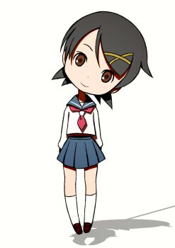 Rule 34 | 1girl, beeru (veil8801), black hair, blue sailor collar, blue skirt, brown eyes, brown shoes, closed mouth, commentary request, deformed, different shadow, full body, fuura kafuka, hair ornament, head tilt, highres, kneehighs, loafers, long sleeves, miniskirt, noose, pleated skirt, sailor collar, sayonara zetsubou sensei, school uniform, serafuku, shadow, shirt, shoes, short hair, simple background, skirt, smile, socks, solo, white background, white shirt, white socks, x hair ornament