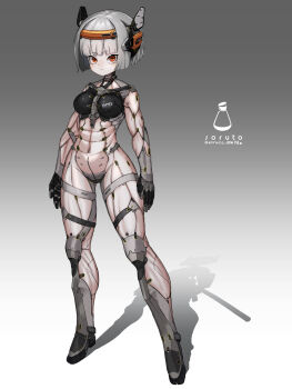 1girl absurdres arms_at_sides artist_name breasts commentary_request cyborg full_body gradient_background grey_background grey_hair headgear highres looking_at_viewer medium_breasts orange_eyes original science_fiction shadow short_hair solo soruto_0w98e standing toned toned_female two-tone_background variant_set white_background