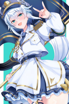 Rule 34 | 1girl, absurdres, animal ear fluff, animal ears, belt, blue belt, blue hat, blue necktie, blue skirt, blush, collared shirt, commentary request, epaulettes, flag, fox ears, fox girl, fox shadow puppet, gold trim, hair between eyes, hat, highres, holding, holding flag, holding polearm, holding weapon, hololive, jacket, lochen, long hair, long sleeves, looking at viewer, necktie, open mouth, polearm, shirakami fubuki, shirt, skirt, smile, solo, thigh strap, very long hair, virtual youtuber, weapon, white hair, white jacket