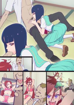 2girls abs angry armpits arms_up blue_hair blush bra breasts brown_eyes cellphone censored closed_eyes expressionless fellatio groin highres indoors legs long_hair mosaic_censoring multiple_girls multiple_views muramura_hito open_mouth oral panties penis phone picture_frame precure pubic_hair purple_eyes red_hair restrained rope school_uniform sequential shiratori_yuriko short_hair sitting skirt sleeping small_breasts takizawa_asuka tatami thighs tropical-rouge!_precure underwear v-shaped_eyebrows