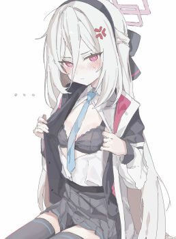 ... 1girl anger_vein black_bra black_hairband black_jacket black_skirt black_thighhighs blazer blue_archive blue_necktie blush bra breasts coa_(35_seno) commentary double-parted_bangs hair_between_eyes hairband half_updo halo highres jacket kei_(blue_archive) kei_(new_body)_(blue_archive) long_hair long_hair_between_eyes looking_at_viewer necktie open_clothes open_jacket open_shirt pleated_skirt red_eyes school_uniform shirt shirt_tucked_in simple_background sitting skirt small_breasts solo sweatdrop thighhighs underwear very_long_hair white_background white_hair white_jacket white_shirt