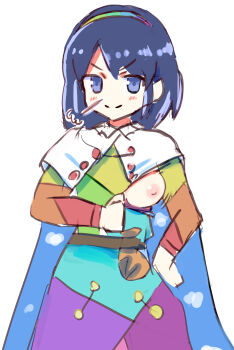 1girl abichan123456 bad_id bad_pixiv_id blue_eyes blue_hair cape commentary english_commentary hairband highres multicolored_clothes multicolored_hairband nipples one_breast_out patchwork_clothes rainbow_gradient short_hair sidelocks simple_background sky_print solo tenkyuu_chimata touhou v-shaped_eyebrows white_background zipper