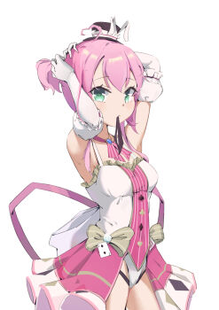 1girl absurdres adjusting_hair ahoge bare_shoulders black_hat bow club_(shape) commentary diamond_(shape) gloves green_eyes hat heart heart_ahoge highres hololive hololive_china leotard mini_hat pink_hair sionkilili solo spade_(shape) spade_echo two_of_spades virtual_youtuber white_background white_gloves white_leotard yellow_bow