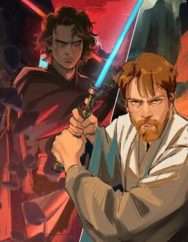2boys anakin_skywalker animification beard black_robe blue_lightsaber brown_hair commentary ctstudio_(executional) debris energy_sword english_commentary facial_hair frown grey_eyes holding holding_sword holding_weapon jedi jedi_master lightsaber long_sleeves looking_at_viewer male_focus multiple_boys mustache obi-wan_kenobi outdoors red_eyes red_lightsaber red_sky robe serious short_hair sith sky split_screen standing star_wars star_wars:_revenge_of_the_sith sword weapon white_robe