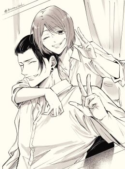 1boy 1girl ^_^ arm_around_shoulder cigarette closed_eyes collared_shirt commentary_request ear_piercing getou_suguru greyscale grin hair_slicked_back hand_up highres ieiri_shoko jujutsu_kaisen looking_at_viewer monochrome mouth_hold one_eye_closed piercing rinomotodoe shirt short_hair smile twitter_username v