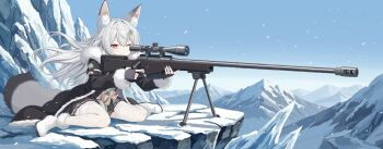 1girl ai_arctic_warfare animal_ear_fluff animal_ears bianshu945 bipod black_coat black_gloves blue_sky bolt_action boots cliff closed_mouth clover_hair_ornament coat commentary_request cup day finger_on_trigger fingerless_gloves floating_hair four-leaf_clover_hair_ornament fur-trimmed_boots fur-trimmed_coat fur_trim gloves gun hair_between_eyes hair_ornament highres holding holding_cup koyuki_(meridian_project) long_barrel long_hair looking_through_scope meridian_project mountain mountainous_horizon on_ground one_eye_closed red_eyes rifle scope sitting sky smile sniper_rifle snow snowing tail thighhighs thighs very_long_hair virtual_youtuber wariza weapon white_boots white_hair
