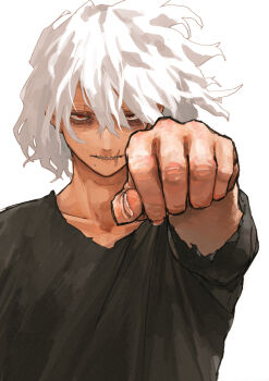 1boy black_shirt boku_no_hero_academia clenched_hand highres horikoshi_kouhei official_art red_eyes scar scar_across_eye scar_on_face scar_on_mouth shigaraki_tomura shirt short_sleeves simple_background solo upper_body white_background white_hair