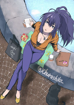 1girl absurdres black_cat blue_eyes blue_hair breasts casual cat cleavage coffee commentary_request cup disposable_cup donut earrings envelope food fountain from_above highres jewelry kurogane_naoto_(churushiko) leona_heidern nah ponytail sitting solo sprinkles the_king_of_fighters triangle_earrings