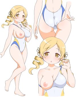 1girl absurdres alternate_costume anime_coloring ass blonde_hair blue_one-piece_swimsuit blush breasts commentary_request competition_swimsuit covered_navel drill_hair highres large_breasts long_hair looking_at_viewer looking_to_the_side magical_girl mahou_shoujo_madoka_magica multicolored_swimsuit nipples one-piece_swimsuit one_breast_out paid_reward_available partial_commentary smile swimsuit tomoe_mami twin_drills twintails usazirou539 white_one-piece_swimsuit yellow_eyes yellow_one-piece_swimsuit