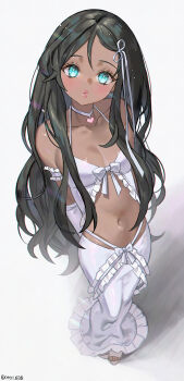 1girl black_hair breasts choker cleavage collarbone dark-skinned_female dark_skin from_above full_body heart heart_choker highres lipstick long_hair looking_at_viewer makeup medium_breasts original oto1_030 parted_lips shadow simple_background solo standing white_background