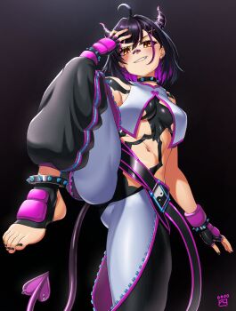 1girl ahoge bandaid bandaid_on_face bandaid_on_nose belt black_nails breasts collar cosplay demon_girl demon_horns demon_tail evil_grin evil_smile feet feet_up finalcake fingerless_gloves gloves grin hair_ornament hairpin han_juri han_juri_(cosplay) highres horns indie_virtual_youtuber looking_down medium_breasts midriff navel orange_eyes purple_horns purple_streaks rainhoe short_hair smile spiked_collar spikes standing standing_on_one_leg stomach street_fighter tail toes underboob virtual_youtuber yin_yang
