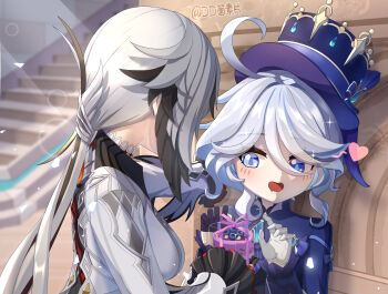 2girls absurdres arlecchino_(genshin_impact) ascot asymmetrical_gloves black_hair black_hands blue_ascot blush cake coat colored_extremities dd_che_shen drooling drop-shaped_pupils eyelash_ornament food furina_(genshin_impact) genshin_impact gloves hand_on_wall hat heart highres mismatched_gloves mismatched_pupils multicolored_hair multiple_girls streaked_hair symbol-shaped_pupils top_hat white_hair yuri