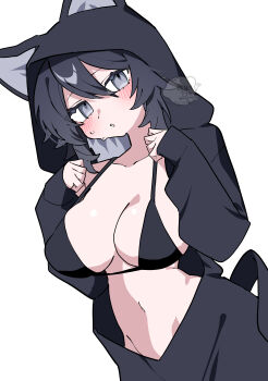 1girl :o absurdres black_bra black_hair black_pajamas blush bra breasts cat_pajamas cleavage collarbone colored_inner_hair commentary_request cowboy_shot dutch_angle grey_eyes grey_hair hair_between_eyes head_tilt highres large_breasts long_hair long_sleeves looking_at_viewer micro_bra midriff multicolored_hair navel nervous no_panties oimotororo1116 open_pajamas original pajamas parted_lips paw_pose sideboob simple_background sleeves_past_wrists solo stomach sweat sweatdrop tail thick_eyelashes underwear unkempt white_background yuuka_(oimotororo1116)