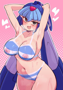 1girl absurdres armpits arms_behind_head arms_up blush bodypaint breasts buzzlyears collarbone commentary cowboy_shot fairy_leviathan_(mega_man) gradient_background highres large_breasts long_hair looking_at_viewer mega_man_(series) mega_man_zero_(series) nipples nude open_mouth pink_background pussy solo steaming_body sweat thighs very_long_hair