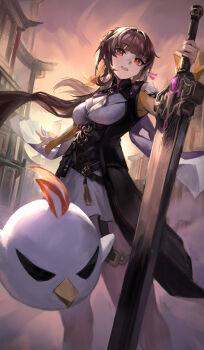 1girl absurdres az'ruler bird breasts brown_eyes brown_hair chicken cleavage clothing_cutout commentary dress english_commentary feet_out_of_frame hair_ornament highres holding holding_sword holding_weapon honkai:_star_rail honkai_(series) jingwei_(bird) long_hair long_sleeves open_mouth outdoors planted planted_sword planted_weapon ribbon short_dress shoulder_cutout smile solo standing sushang_(honkai:_star_rail) sword teeth twintails upper_teeth_only weapon yellow_ribbon yellow_sleeves