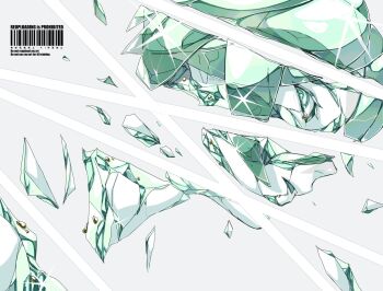 1other breaking crystal_hair glint green_eyes green_hair grey_background highres houseki_no_kuni looking_at_viewer looking_to_the_side mt5_014 parted_lips phosphophyllite portrait shards simple_background solo twitter_username
