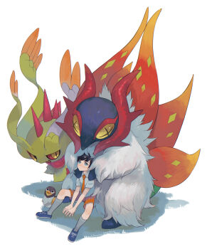 1boy alternate_color alternate_hair_color black_hair blue_footwear collared_shirt commentary_request florian_(pokemon) flutter_mane grey_socks highres kikuyoshi_(tracco) male_focus necktie nintendo orange_necktie orange_shorts pokemon pokemon_(creature) pokemon_sv shiny_pokemon shirt shoes short_hair shorts sitting slither_wing socks wattrel white_background