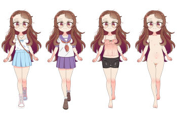 1girl absurdres bandaid bike_shorts blue_skirt brown_hair glasses highres leims_(urje8584) loli long_hair multiple_views nipples nude original pussy school_uniform serafuku shirt shoes skirt variations white_shirt