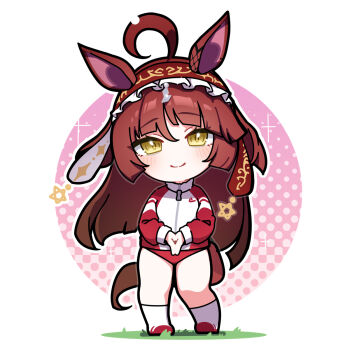 1girl ahoge animal_ears blush brown_eyes brown_hair buruma chibi closed_mouth commentary_request frilled_hairband frills full_body hair_between_eyes hairband highres horse_ears horse_girl horse_tail jacket long_hair looking_at_viewer red_buruma red_desire_(umamusume) red_hairband red_jacket shoes smile socks solo standing tail track_jacket umamusume very_long_hair warashi white_shoes white_socks