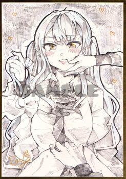 5girls amoris_(bang_dream!) ave_mujica_(bang_dream!) bang_dream! bang_dream!_it&#039;s_mygo!!!!! blush chibi commentary_request diagonal-striped_clothes diagonal-striped_necktie doloris_(bang_dream!) gloves greyscale hand_on_another&#039;s_cheek hand_on_another&#039;s_face haneoka_school_uniform heart highres long_hair misumi_uika monochrome mortis_(bang_dream!) mortis_(costume)_(bang_dream!) multiple_girls necktie sample_watermark school_uniform solo_focus striped_clothes timoris_(bang_dream!) togawa_sakiko traditional_media two_side_up wakaba_mutsumi watermark yahata_umiri yellow_eyes yoyoray20001996 yuri yuutenji_nyamu