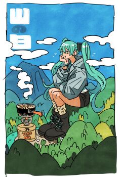 Rule 34 | 1girl, aqua hair, black boots, black shorts, boots, border, coat, cooking, cooking pot, drooling, full body, giant, giantess, grey coat, hair between eyes, hair ornament, hatsune miku, head on hand, highres, hood, hood down, hooded coat, long hair, mountain, mouth drool, nature, outdoors, propane tank, scrunchie, shorts, socks, solo, steam, takeuchi ryousuke, twintails, vocaloid, white border, white socks, wrist scrunchie
