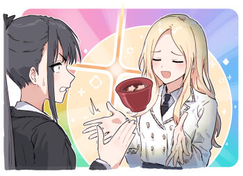 Rule 34 | 2girls, :d, ^^^, amaya tsubame, black hair, black necktie, blonde hair, border, bowl, buttons, clenched teeth, closed eyes, collared shirt, commentary, diffraction spikes, double-breasted, food, gakuen idolmaster, grey shirt, hatsuboshi gakuen school uniform, highres, idolmaster, jacket, juo sena, long hair, looking at another, multiple girls, necktie, object floating above hand, open mouth, parted bangs, ponytail, rainbow background, raised inner eyebrows, school uniform, shirt, shiruko (food), sidelocks, smile, sparkle, star-shaped food, star (symbol), sweatdrop, teeth, v-shaped eyebrows, white border, white jacket, yellow background, yukitake (bullfalk)