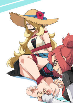 1girl absurdres arms_behind_back blonde_hair bound breasts cleave_gag cloth_gag cynthia_(pokemon) cynthia_(summer_2025)_(pokemon) fifty_(character) flower gag gagged hat hat_flower highres improvised_gag jewelry legs long_hair lost_one_zero nintendo pokemon pokemon_masters_ex sarong shades782 toe_ring
