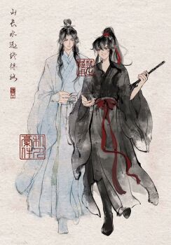 Rule 34 | 2boys, black boots, black hair, black hanfu, boots, chenqing flute, chinese clothes, chinese commentary, chinese text, closed mouth, commission, couple, dizi, faux traditional media, flute, full body, grey eyes, hair ribbon, hanfu, headband, high ponytail, highres, holding, holding flute, holding instrument, huashengdoufu, ink wash painting, instrument, lan wangji, long hair, long sleeves, looking at another, looking at viewer, male focus, modao zushi, multiple boys, open mouth, ponytail, red ribbon, red sash, ribbon, robe, sash, seal impression, sidelocks, sleeves past wrists, smile, standing, tassel, topknot, transverse flute, watermark, wei wuxian, white boots, white hanfu, white headband, white sash, wide sleeves, xiao guan (headdress), yaoi, yaopei, yellow eyes, zhongguo hua