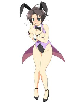 1girl :o animal_ear_hairband animal_ears antenna_hair black_hair black_leotard black_shoes blush bow bowtie breast_press breasts cleavage coattails covering_breasts covering_privates detached_collar english_text fake_animal_ears flying_sweatdrops full_body gluteal_fold green_eyes groin hairband high_heels highleg highleg_leotard kanzaki_(senran_kagura) large_breasts leotard official_alternate_costume official_alternate_hairstyle official_art parted_bangs playboy_bunny purple_vest rabbit_ear_hairband rabbit_ears senran_kagura senran_kagura_new_wave shoes short_hair simple_background solo strapless strapless_leotard vest white_background white_wrist_cuffs wrist_cuffs