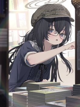 1girl absurdres alternate_costume bags_under_eyes black_hair blue_archive blush book bookstore hairband halo hat highres long_hair shop solo tagme ui_(blue_archive) yoru_uyo