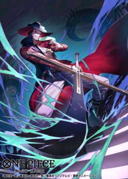 Rule 34 | 1boy, abs, beard, boots, closed mouth, coat, commentary request, copyright name, cross pendant, dracule mihawk, dutch angle, facial hair, hat feather, highres, holding, holding sword, holding weapon, male focus, namahamu913, official art, one piece, one piece card game, pants, short hair, solo, sword, weapon, wind, yellow eyes