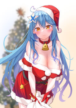 1girl absurdres ahoge bare_shoulders bell belt belt_collar blue_hair blush breasts christmas christmas_ornaments christmas_tree cleavage collar commentary_request covered_erect_nipples dress elf flower frilled_dress frills fur-trimmed_dress fur-trimmed_headwear fur_trim gloves hair_between_eyes hair_flower hair_ornament hanging_breasts hat heart heart_ahoge highres holding holding_sack hololive large_breasts leaning_forward long_hair looking_at_viewer loose_clothes multicolored_hair neck_bell off-shoulder_dress off_shoulder pointy_ears red_dress red_gloves red_hat sack santa_costume santa_dress santa_hat smile strategist_hina virtual_youtuber white_background yellow_eyes yukihana_lamy