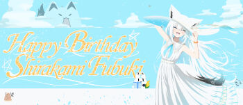 1girl absurdres animal_ears breasts chanhama closed_eyes cloud commentary_request dress ears_through_headwear fox_ears fox_girl fox_tail happy_birthday hat highres hololive long_dress long_hair medium_breasts open_mouth scrunchie shirakami_fubuki smile solo star_(symbol) sukonbu_(shirakami_fubuki) tail very_long_hair virtual_youtuber white_dress white_hat wrist_scrunchie