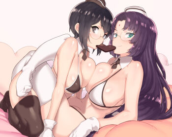 2girls aqua_eyes arm_rest arm_support asymmetrical_docking bare_arms bare_shoulders bed bikini bindi black_bikini black_eyes black_hair black_legwear blush breast_press breasts candy chocolate chocolate_heart cleavage detached_collar facial_mark female_focus food food_in_mouth forehead_mark from_side garrison_cap glasses gloves green_eyes groin hat heart heart-shaped_pillow hip_focus houjou_souun_(sengoku_collection) indoors kneeling large_breasts leg_lock long_hair looking_at_viewer maeda_keiji_(sengoku_collection) midriff mini_hat mouth_hold multiple_girls naughty_face navel necktie pillow purple_hair reclining rimless_eyewear sengoku_collection shared_food short_hair short_necktie shy sideboob simple_background smile string_bikini swimsuit symmetrical_docking tenchisouha thighhighs underboob very_long_hair white_bikini white_gloves white_legwear yuri