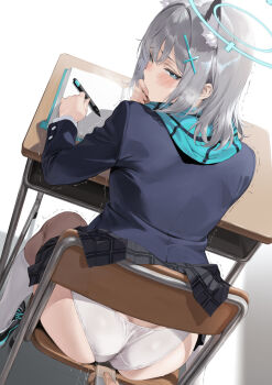 1boy 1girl animal_ear_fluff animal_ears aoi_sakura_(seak5545) aqua_eyes aqua_halo aqua_scarf ass black_skirt blue_archive blue_jacket blush cat_ears cross_hair_ornament desk from_behind grey_hair hair_ornament halo highres jacket long_sleeves looking_at_viewer looking_back medium_hair panties plaid_clothes plaid_skirt scarf shiroko_(blue_archive) simple_background sitting skirt socks solo trembling underwear white_background white_panties white_socks