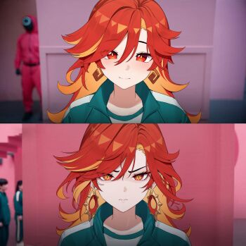 1girl absurdres before_and_after colored_inner_hair commentary_request earrings genshin_impact green_jacket highres jacket jewelry kam-ja long_hair looking_at_viewer mavuika_(genshin_impact) meme multicolored_hair red_eyes red_hair shirt squid_game sun_earrings t-shirt year_1_&amp;_year_2_(squid_game)_(meme)
