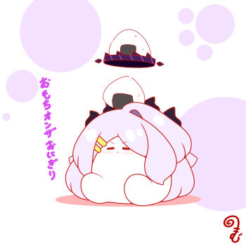 :&lt; blue_archive blush chibi closed_eyes closed_mouth colored_shadow commentary_request facing_viewer food full_body grey_hair halo highres hina_(blue_archive) horns kurukurumagical long_hair onigiri parted_bangs shadow simple_background single_hair_intake sitting solo translation_request v-shaped_eyebrows very_long_hair white_background