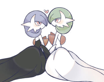 2girls alternate_color backless_dress backless_outfit black_dress black_gloves blue_hair blush bob_cut closed_mouth dot_mouth dress elbow_gloves eye_contact female_focus from_side gardevoir gen_3_pokemon gloves green_hair hair_over_one_eye half-closed_eyes happy heart holding_hands kneeling long_dress looking_at_another mega_gardevoir mega_pokemon multiple_girls nintendo one_eye_covered pokemon pokemon_(creature) profile red_eyes shiny_and_normal shiny_pokemon short_hair simple_background smile strapless strapless_dress suzu_(pixiv_32232702) white_background white_dress white_gloves yuri