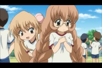2girls animated anime_screenshot bouncing_breasts breasts glasses kodomo_no_jikan kokonoe_rin long_hair multiple_girls no_bra oppai_loli outdoors round_eyewear sexually_suggestive sound tagme usa_mimi video